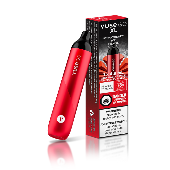 Vuse Go XL Strawberry Ice Sweet Ripe Strawberry with an icy cool twist.   Experience new taste sensations. Intense Flavour. Less Hassle. Up to 1500 puffs. 2% 4.8ML