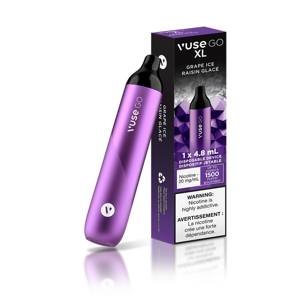 Vuse Go XL Grape Ice Dark and intense purple Grape with an icy cool twist.   Experience new taste sensations. Intense Flavour. Less Hassle. Up to 1500 puffs. 2% 4.8ML