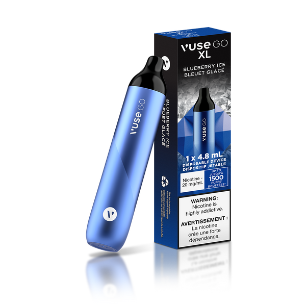 Vuse Go XL Blueberry Ice Bright blueberry with an icy cool twist.  Experience new taste sensations. Intense Flavour. Less Hassle. Up to 1500 puffs. 2% 4.8ML