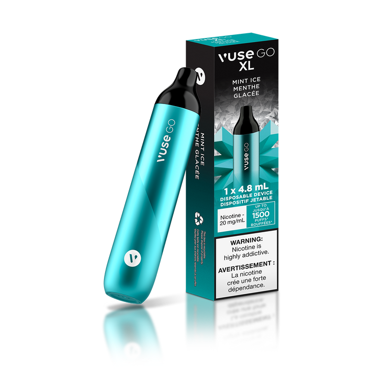 Vuse Go XL Mint Ice Classic Peppermint with an icy cool twist.   Experience new taste sensations. Intense Flavour. Less Hassle. Up to 1500 puffs. 2% 4.8ML